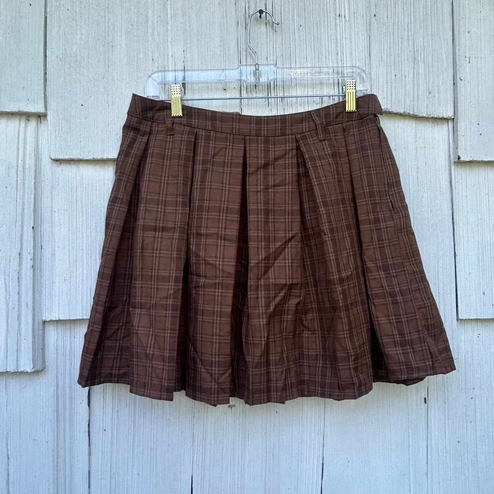 Hot Topic Social Collision Brown Plaid Pleated Mini Skirt NWT Size Large